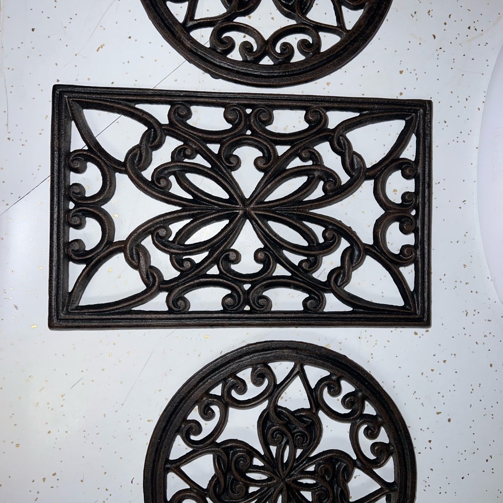 Lot of 3 Cast Iron Footed Trivets- 2 Round 7” and Black Rectangle 10x6”